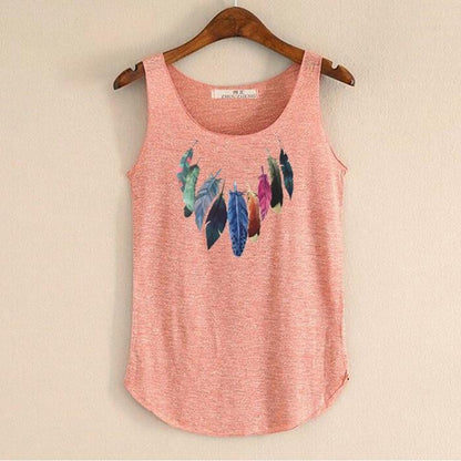 hansleii Orange / One Size Spring Summer New Tank Tops Women Sleeveless Round Neck Loose Tees 2018 Ladies Colored Feathers Printing T Shirt Vest Singlets