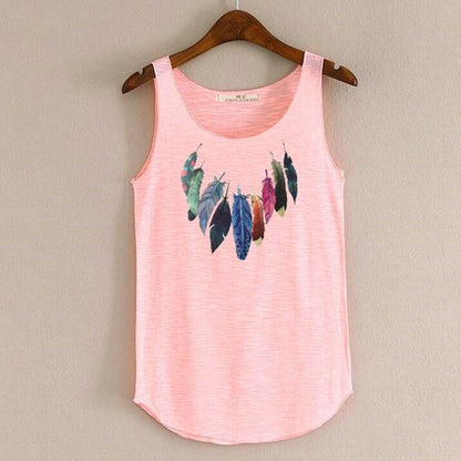 hansleii Pink / One Size Spring Summer New Tank Tops Women Sleeveless Round Neck Loose Tees 2018 Ladies Colored Feathers Printing T Shirt Vest Singlets