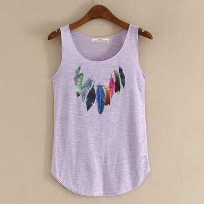 hansleii Lavender / One Size Spring Summer New Tank Tops Women Sleeveless Round Neck Loose Tees 2018 Ladies Colored Feathers Printing T Shirt Vest Singlets