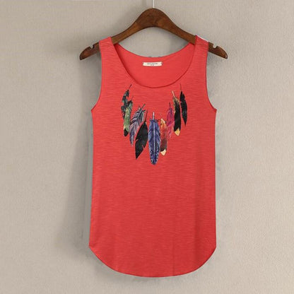 hansleii Red / One Size Spring Summer New Tank Tops Women Sleeveless Round Neck Loose Tees 2018 Ladies Colored Feathers Printing T Shirt Vest Singlets