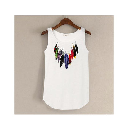 hansleii White / One Size Spring Summer New Tank Tops Women Sleeveless Round Neck Loose Tees 2018 Ladies Colored Feathers Printing T Shirt Vest Singlets