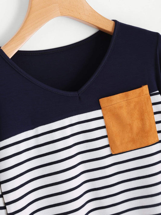 Celeste T-shirts Striped Elbow Patch Curved Hem T-shirt
