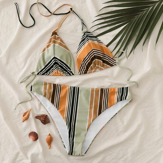 Angela Women's Clothing S / Multicolor Striped Halter Triangle Bikini Swimsuit