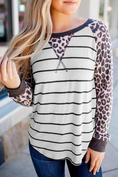 Teal Demeter Tops & Blouses 2XL / Gray Striped Leopard Raglan Long Sleeve Top