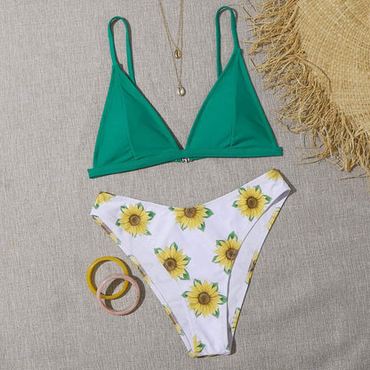 Angela Women's Clothing Sunflower Print Triangle Bikini Swimsuit