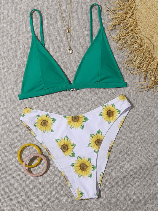 Angela Women's Clothing Sunflower Print Triangle Bikini Swimsuit