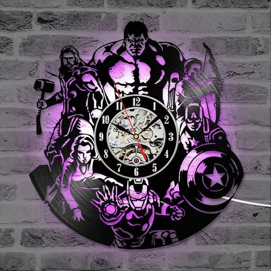 hansleii The Avengers Shape Vinyl Record Clock Creative Hollow Marvel Comics LED Wall Clock Iron Man&amp;Captain America&amp;Thor Hanging Clock
