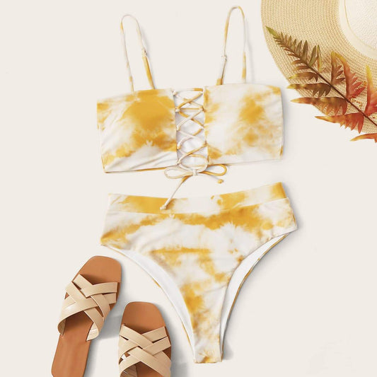 Angela Women's Clothing M / Multicolor Tie Dye Lace Up High Waisted Bikini Swimsuit