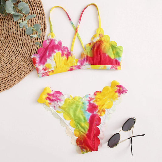 Angela Women's Clothing Tie Dye Scalloped Trim Bikini Swimsuit