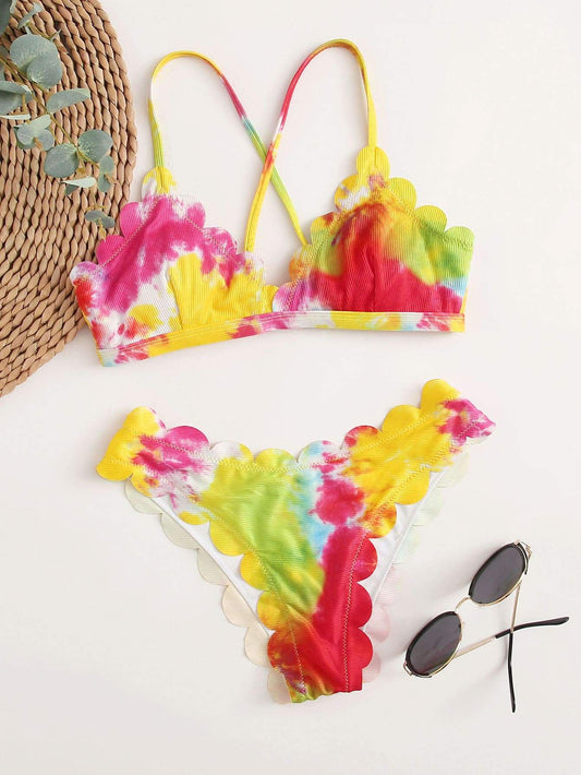 Angela Women's Clothing Tie Dye Scalloped Trim Bikini Swimsuit