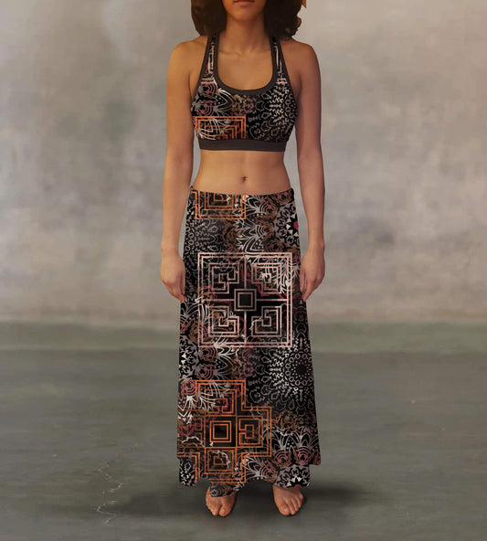 Orange Poppy Women's Clothing Warm Tone Tribal Maxi Skirt