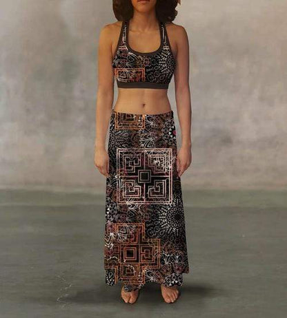 Orange Poppy Women's Clothing 2XL Warm Tone Tribal Maxi Skirt