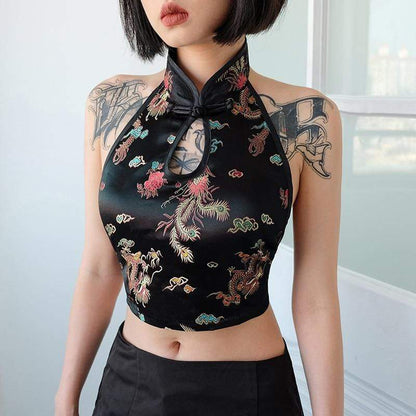 hansleii Weekeep Women Sexy Backless Chinese Style Tank Top Black Halter Print Tank Tops Cropped Sleeveless Top Feminino