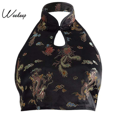 hansleii Black / L Weekeep Women Sexy Backless Chinese Style Tank Top Black Halter Print Tank Tops Cropped Sleeveless Top Feminino