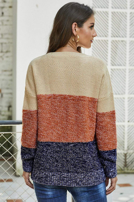 Teal Demeter Women's Clothing Winter Brown Color Block Netted Texture Pullover Sweater