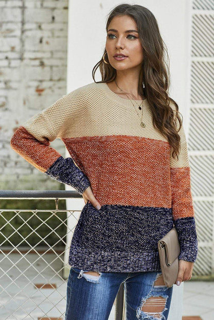 Teal Demeter Women's Clothing Winter Brown Color Block Netted Texture Pullover Sweater