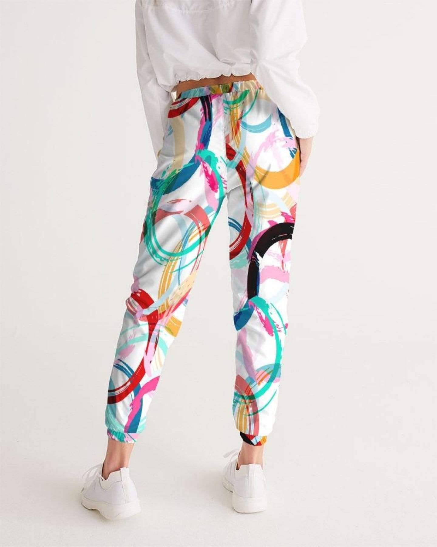 Grey Coco Activewear Womans Sportswear, Mulitcolor Circular Swatch Style White Track Pants