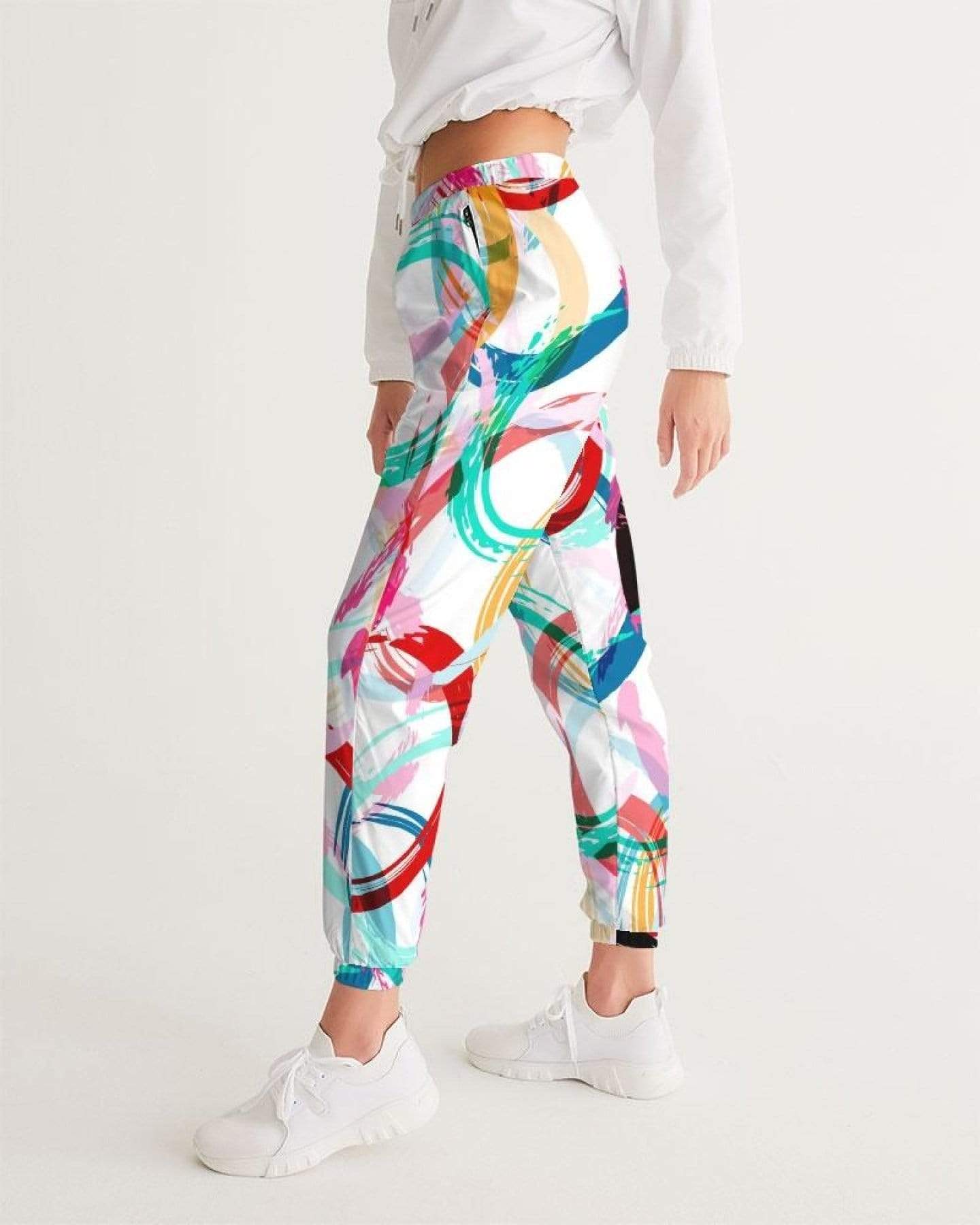 Grey Coco Activewear Womans Sportswear, Mulitcolor Circular Swatch Style White Track Pants