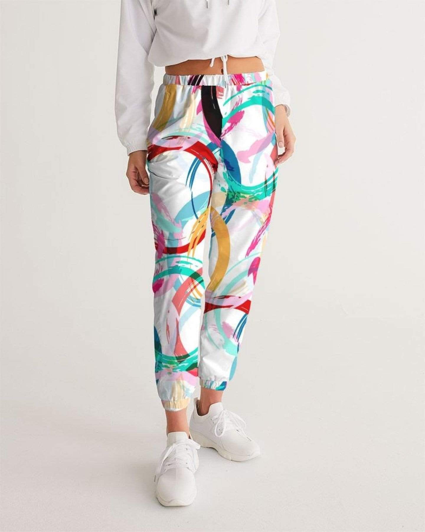 Grey Coco Activewear Womans Sportswear, Mulitcolor Circular Swatch Style White Track Pants