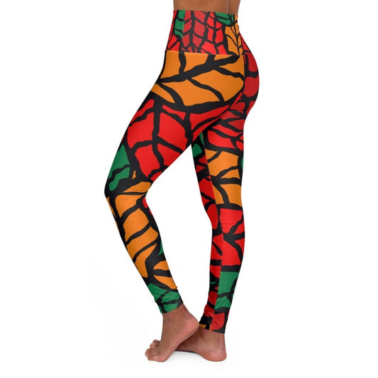 Grey Coco Activewear Women Leggings, Red And Green Autumn Leaf Style