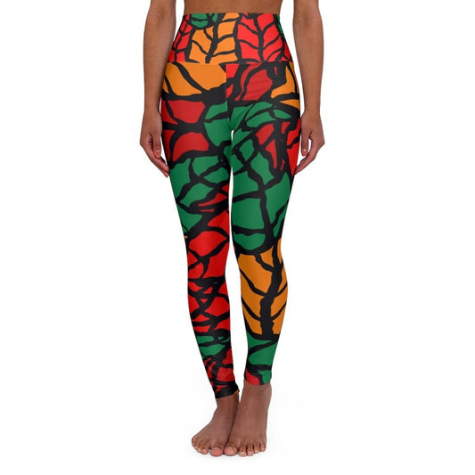 Grey Coco Activewear Women Leggings, Red And Green Autumn Leaf Style