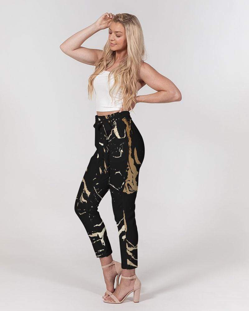 Grey Coco Accessories Women's Pants, Tapered Cut Trousers - Belted / Black / Golden Swirl
