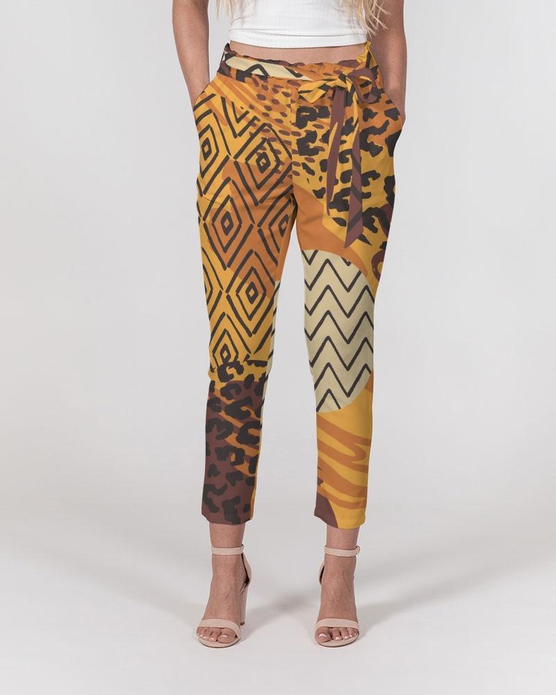 Grey Coco Accessories Women's Pants, Tapered Cut Trousers - Belted / Brown / Geometric