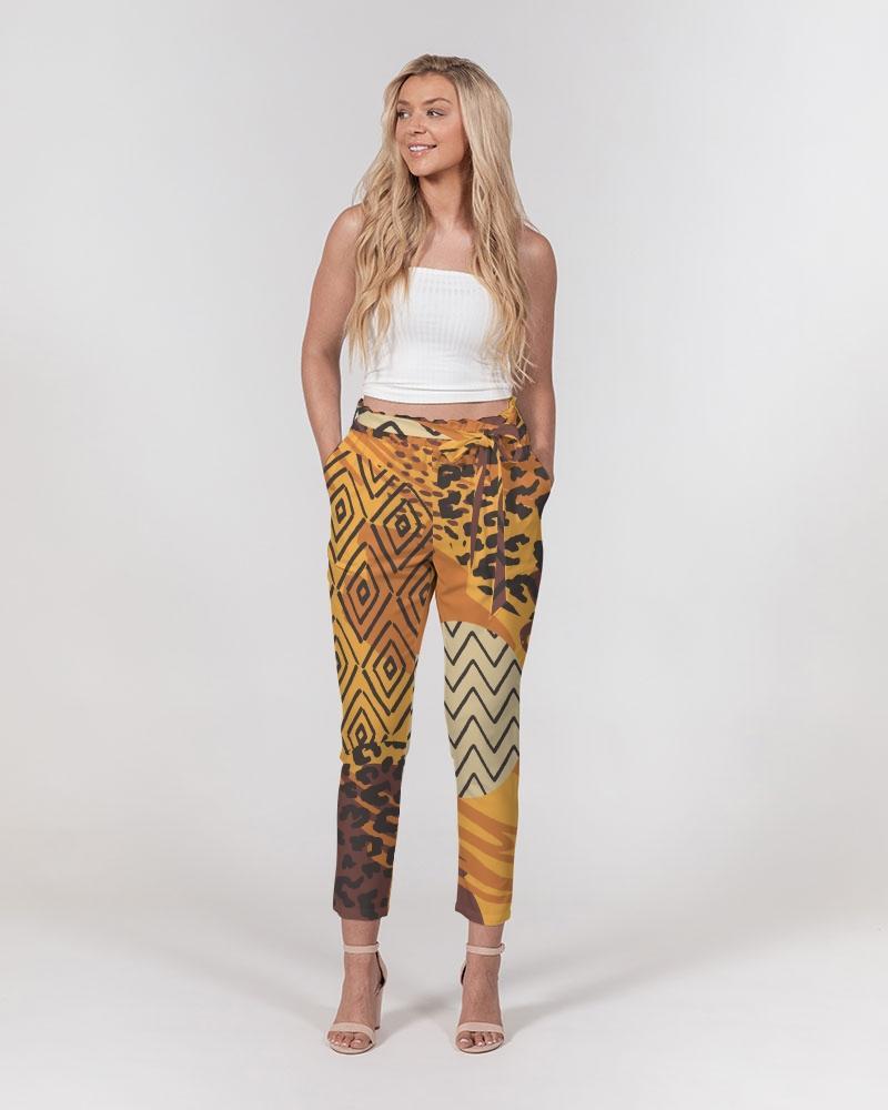 Grey Coco Accessories Women's Pants, Tapered Cut Trousers - Belted / Brown / Geometric