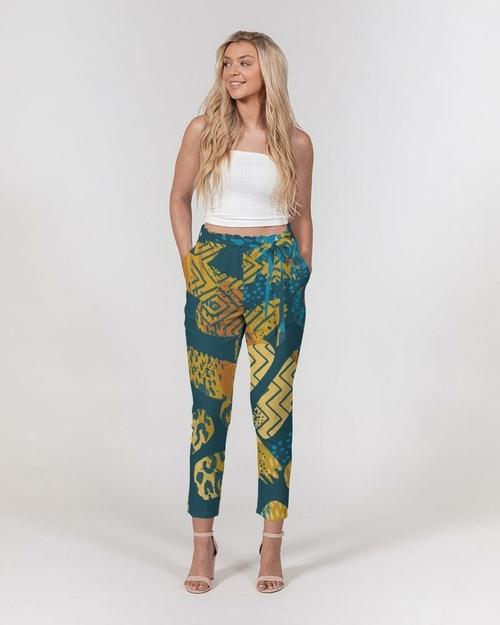 Grey Coco Accessories L / Green/Multicolor Women's Pants, Tapered Cut Trousers - Belted / Green Multicolor /