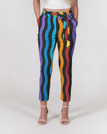 Grey Coco Accessories Women's Pants, Tapered Cut Trousers - Belted / Multicolor / Rainbow