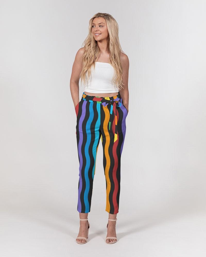 Grey Coco Accessories Women's Pants, Tapered Cut Trousers - Belted / Multicolor / Rainbow