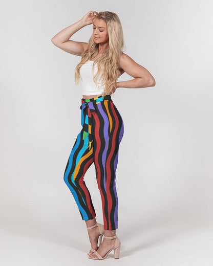 Grey Coco Accessories Women's Pants, Tapered Cut Trousers - Belted / Multicolor / Rainbow