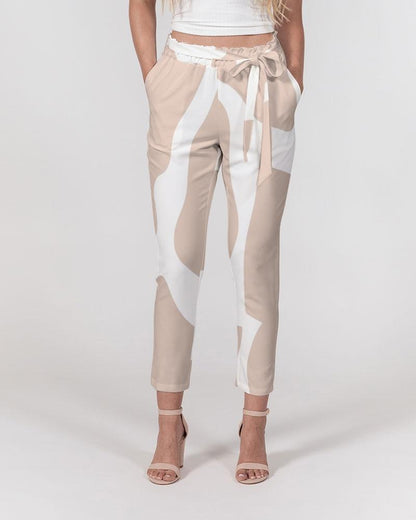 Grey Coco Accessories Women's Pants, Tapered Cut Trousers - Belted / Pink / Geometric Print