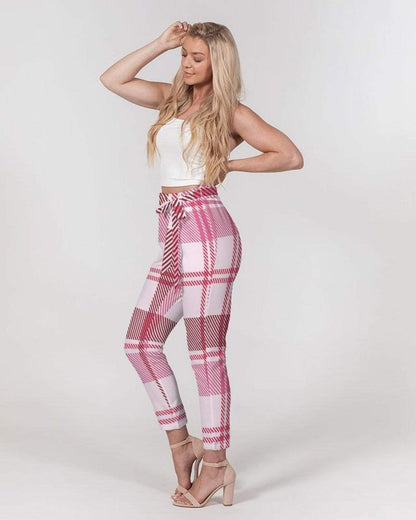 Grey Coco Activewear Women's Pants, Tapered Cut Trousers - Belted / Pink & White / Plaid