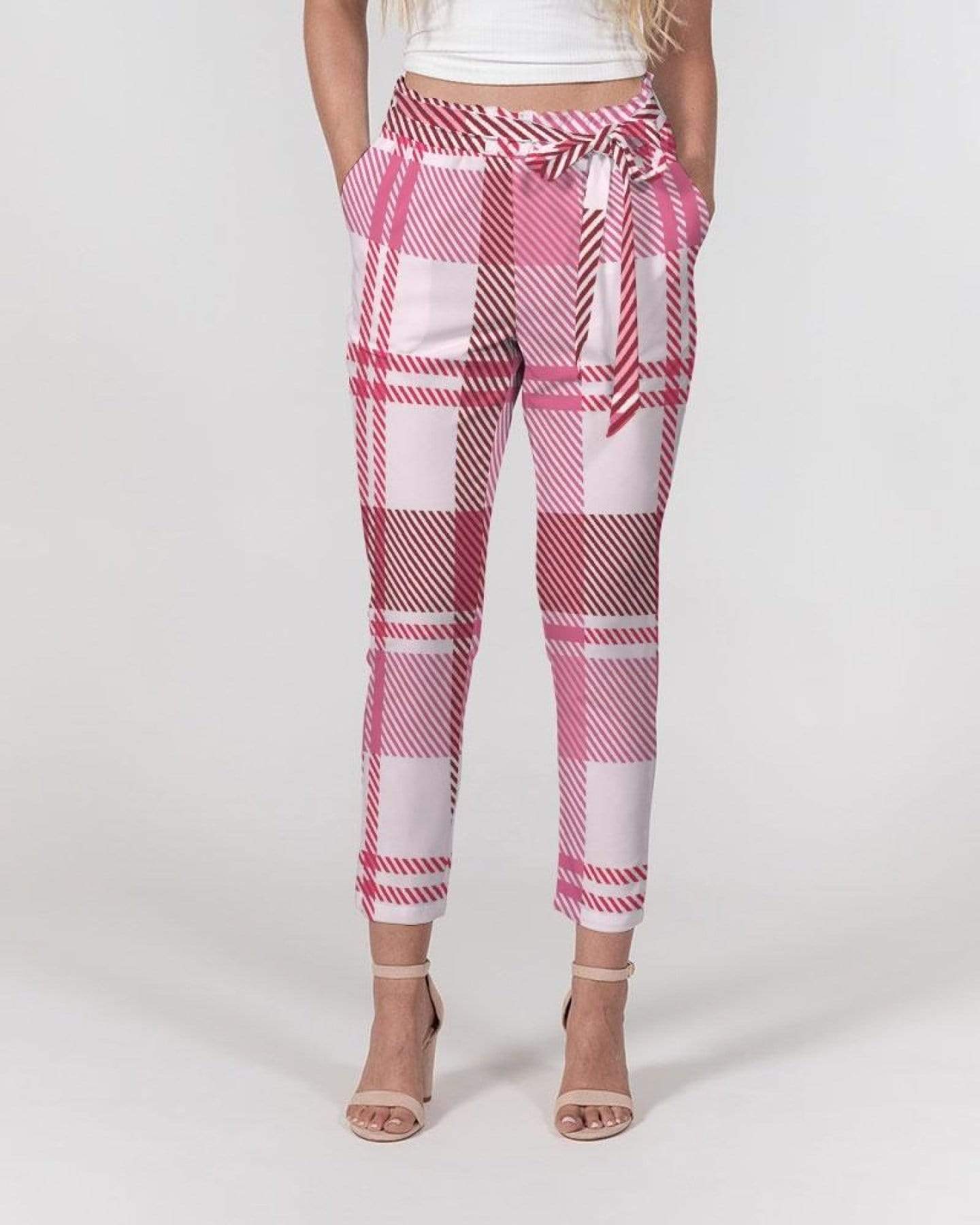 Grey Coco Activewear Women's Pants, Tapered Cut Trousers - Belted / Pink & White / Plaid