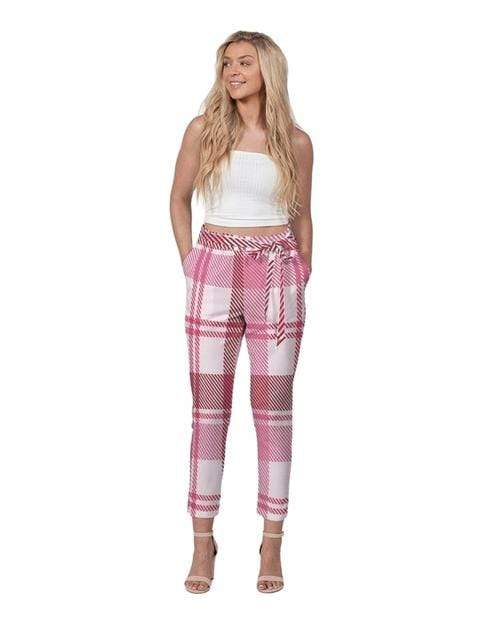 Grey Coco Activewear L Women's Pants, Tapered Cut Trousers - Belted / Pink & White / Plaid