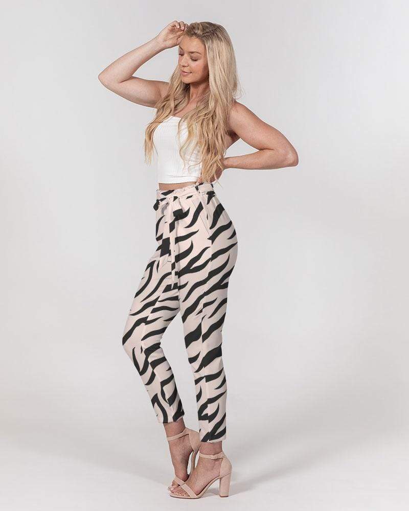 Grey Coco Accessories Women's Pants, Tapered Cut Trousers - Belted / Pink / Zebra Print
