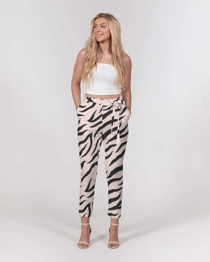 Grey Coco Accessories Women's Pants, Tapered Cut Trousers - Belted / Pink / Zebra Print