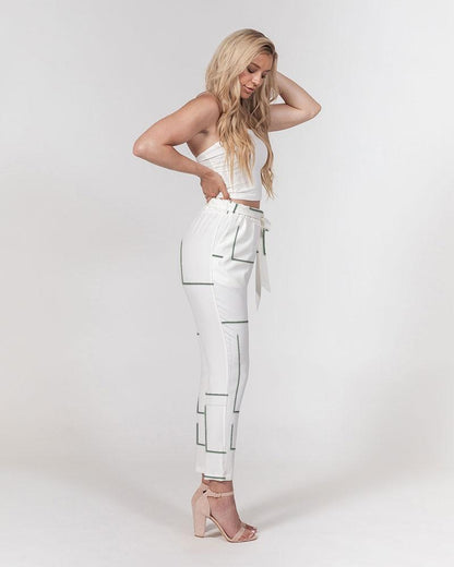 Grey Coco Accessories Women's Pants, Tapered Cut Trousers - Belted / White & Grey /