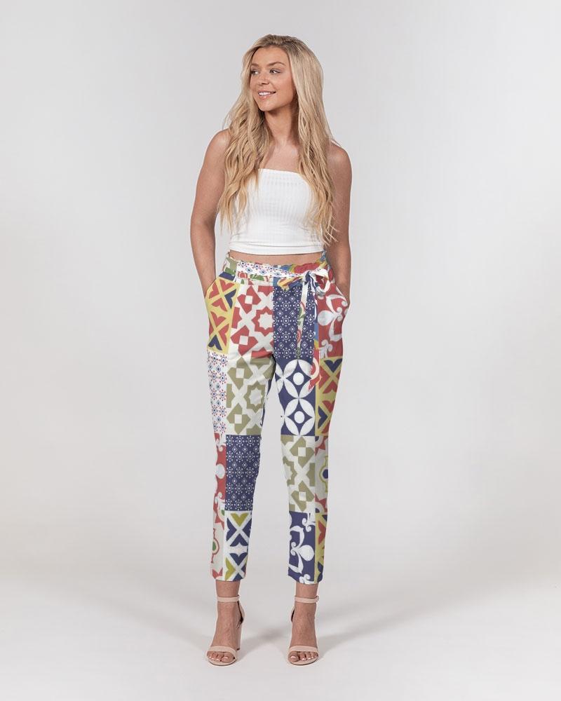 Grey Coco Accessories Women's Pants, Tapered Cut Trousers - Belted / White / Pop Print