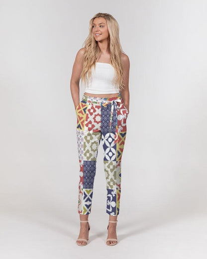 Grey Coco Accessories Women's Pants, Tapered Cut Trousers - Belted / White / Pop Print