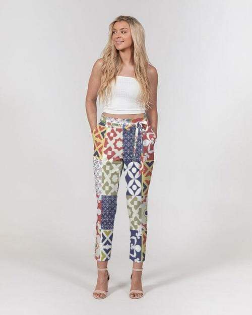 Grey Coco Accessories L / Multicolor Women's Pants, Tapered Cut Trousers - Belted / White / Pop Print