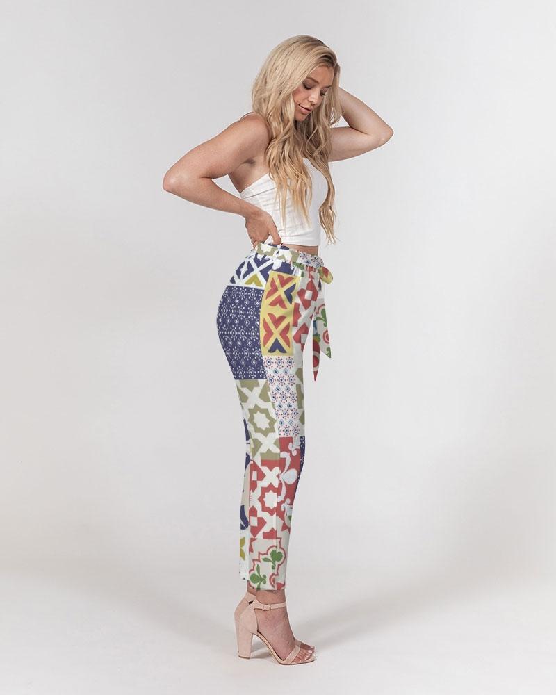 Grey Coco Accessories Women's Pants, Tapered Cut Trousers - Belted / White / Pop Print