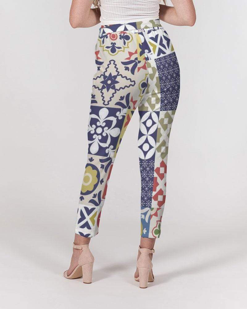 Grey Coco Accessories Women's Pants, Tapered Cut Trousers - Belted / White / Pop Print