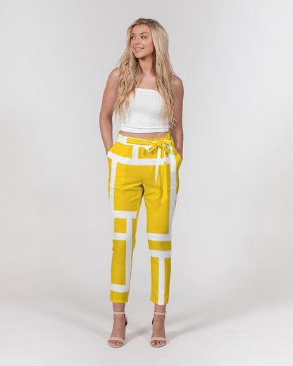 Grey Coco Accessories Women's Pants, Tapered Cut Trousers - Belted / Yellow & White