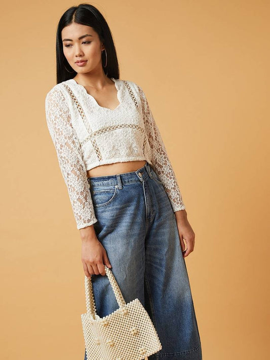 Glow Road Women's Clothing L Women's Regular Length White Lace Round Neck Tees