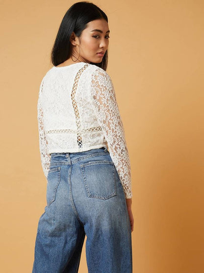 Glow Road Women's Clothing L Women's Regular Length White Lace Round Neck Tees