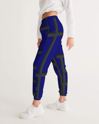 Grey Coco Activewear Womens Athletic Track Pants, Navy Blue & Black Geometric Block Design